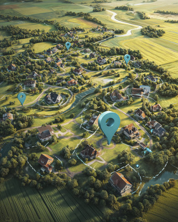 Aerial view of an idyllic village and green fields looks so peaceful, with pointer icons indicating locationsの素材