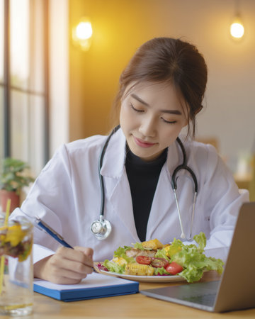 Young Asian female doctor in coat and stethoscope looks concentrated while taking notes near salad and laptopの素材