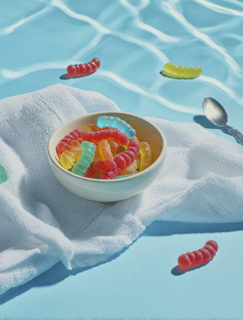 Colorful gummy worms white bowl white towel by swimming pool with some worms scattered poolside sunny day playful and vibrant scene summer funの素材