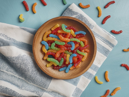Colorful gummy worms in wooden bowl on striped cloth with scattered gummies on blue surface, creating playful and vibrant snack sceneの素材