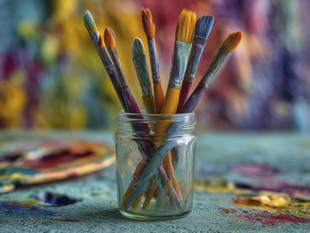 Colorful paintbrushes in glass jar on painter table with blurred vibrant background, inspiring creativity and artistic expressionの素材