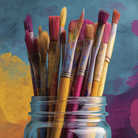 Glass jar filled with various painting brushes and vibrant paint splashes in background, showcasing artistic tools and colorful creativityの素材