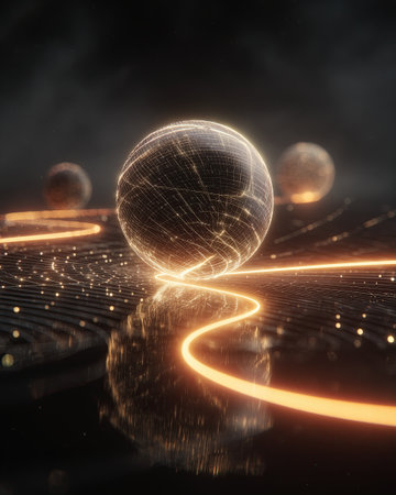 Glowing sphere made of grid lines floats in dark, futuristic landscape with winding light path. scene is ethereal and otherworldly, evoking sense of mystery and wonderの素材