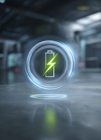 Digital illustration of battery icon with glowing green lightning bolt inside, representing charging or energy, futuristic setting with blurredの素材