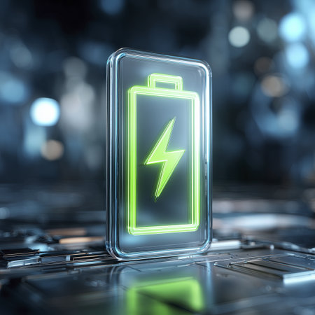 Digital illustration of transparent smartphone with glowing green battery icon and lightning bolt symbol, representing fast charging or highの素材