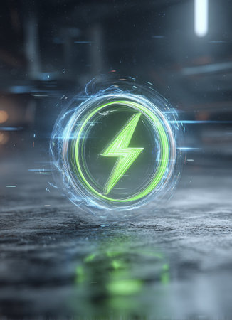 Glowing green lightning bolt symbol inside circular energy field, representing power or energy, with futuristic and dynamic backgroundの素材