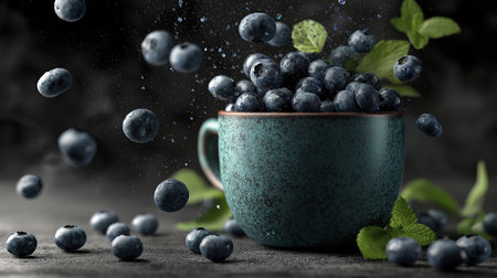 Blueberries spilling into textured ceramic mug with mint leaves around, creating fresh and vibrant scene full of motion and natural appealの素材