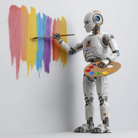Humanoid robot painting colorful strokes white wall with paintbrush and palette, showcasing creativity and advanced technology blending artの素材