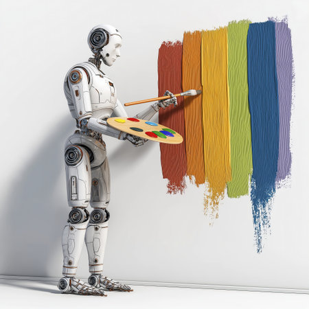 Robot painting colorful stripes wall with paintbrush and palette, blending technology and art creative scene, showcasing artificial intelligenceの素材