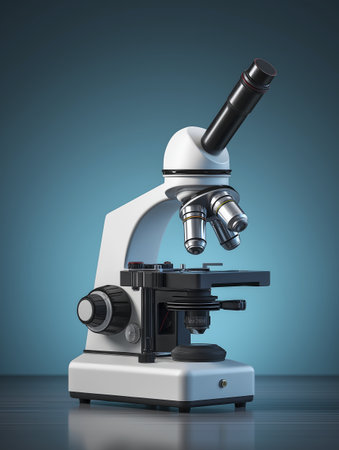 Modern compound microscope with multiple objective lenses and light source, placed dark surface against gradient blue background, usedの素材