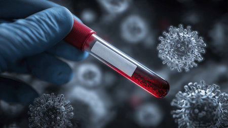 Blood virus sample tube test show scary and worrying health issue about virus spreadの素材