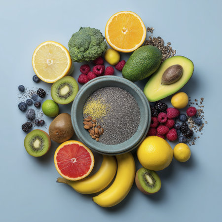 Colorful array of fresh fruits, vegetables, and seeds arranged on light blue background, showcasing vibrant colors and healthy ingredientsの素材