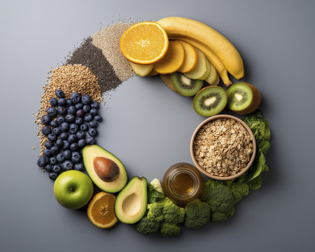 Healthy food assortment including fruits, vegetables, oats, seeds, honey, and grains arranged circular pattern gray background, emphasizingの素材