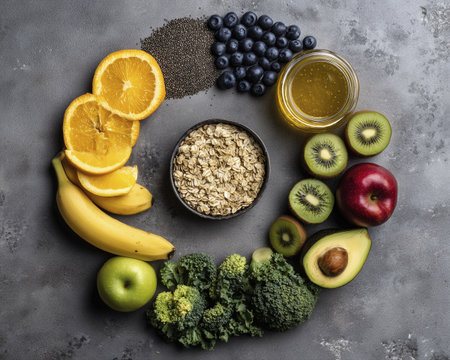 Variety of fresh fruits, vegetables, oats, honey, and seeds arranged circular pattern gray surface, showcasing healthy food options and vibrantの素材