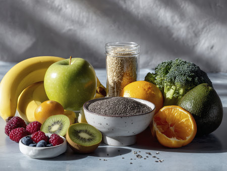 Variety of fresh fruits, vegetables, and seeds arranged on surface with natural lighting, showcasing healthy food options and vibrant colorsの素材
