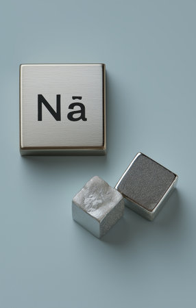 Metallic blocks with symbol for sodium on light blue background, showcasing modern and minimalistic design with scientific themeの素材