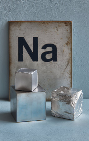 Metallic cube and metallic block with sign displaying chemical symbol for sodium textured wall background. objects are shiny and reflectiveの素材