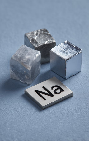 Ice cubes with metallic appearance and periodic table element tile for sodium on textured blue surfaceの素材
