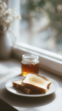 Toasted bread slices with honey on white plate, jar of honey, and blurred background of window with natural light, creating cozy breakfast sceneの素材