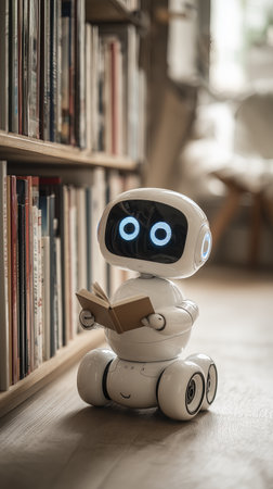 Cute robot with black screen displaying big eyes reading small book cozy library setting, creating warm and inviting atmosphere with natural lightの素材