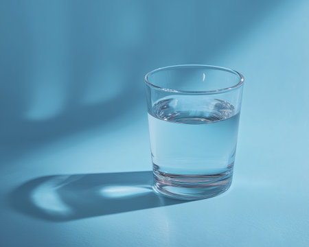 Clear glass of water on light blue background with soft shadows and reflections, creating calm and refreshing atmosphereの素材