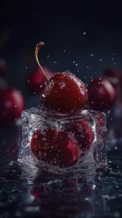 Cherry is placed on top of ice cube with water droplets and reflections, creating fresh and cool visual effectの素材