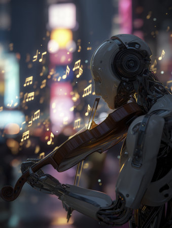 Humanoid robot playing violin city night with musical notes floating around, illuminated by colorful lights, creating futuristic and artisticの素材