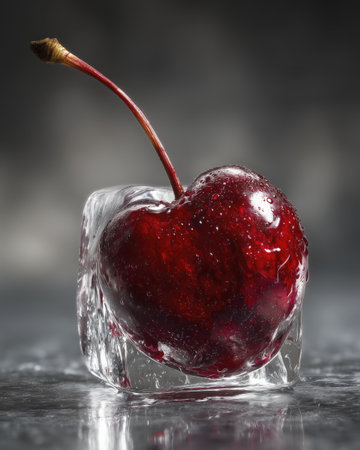Fresh cherry encased in ice with water droplets, set against dark background, creating striking and refreshing visual effectの素材