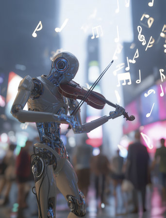 Humanoid robot playing violin in urban street with floating musical notes, illuminated by city lights, creating futuristic and lively atmosphereの素材