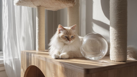 Fluffy, cream colored cat with blue eyes resting wooden surface next to glass fishbowl, surrounded by cat tree and natural sunlight streamingの素材