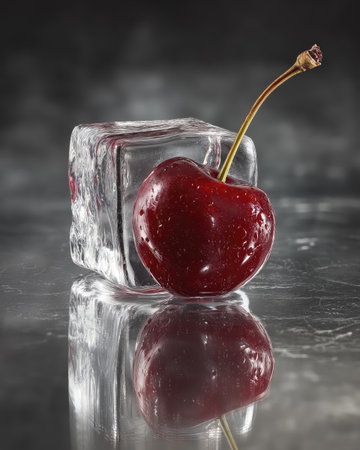 Fresh red cherry with long stem resting against clear ice cube on reflective surface, creating striking contrast and cool, refreshing vibeの素材
