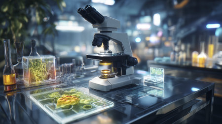 Microscope, table, tech, high tech, holo, science, lab. Scientific research feels like dawn of new era in this futuristic labの素材