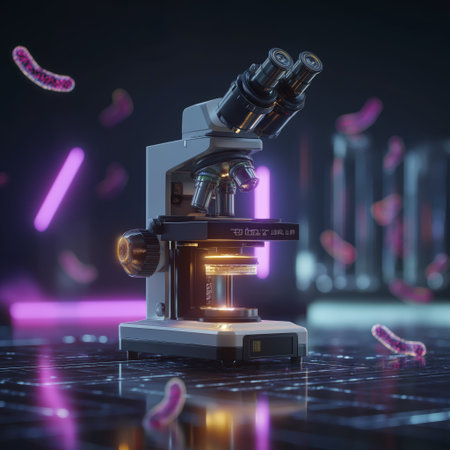 Modern microscope on laboratory table with feeling of scientific discovery and excitement for next experimentの素材