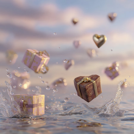 Clear water scene with floating gift, it captivating and magical arrangement looks so special and touchingの素材