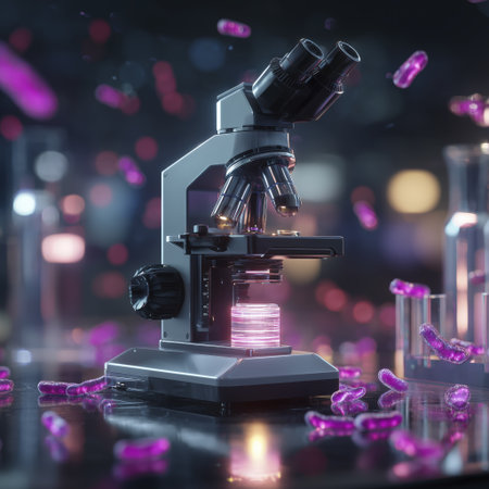 Modern microscope is on table, ready for deep dive. Excitement radiates from possibilities of scientific discoveryの素材