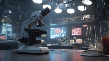 High tech microscope rests on table, inviting scientific exploration with an air of anticipation and curiosityの素材