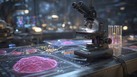 High tech microscope on table in lab creates an atmosphere of intense scientific explorationの素材