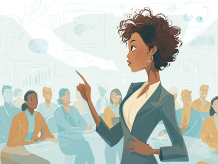 Confident businesswoman leading meeting with diverse colleagues in modern office setting, conveying empowerment and leadershipの素材
