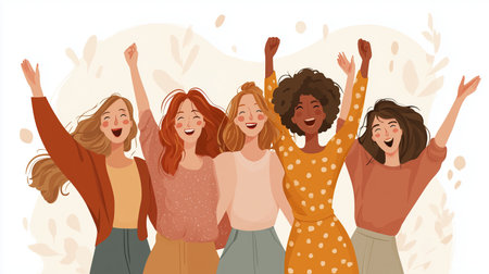 Group of women cheering with joy and unity, celebrating friendship and happiness, expressing excitement and positive emotions, lively and colorfulの素材