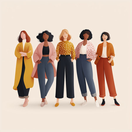 Diverse group of confident women standing together in stylish casual outfits, expressing empowerment and friendship in modern settingの素材