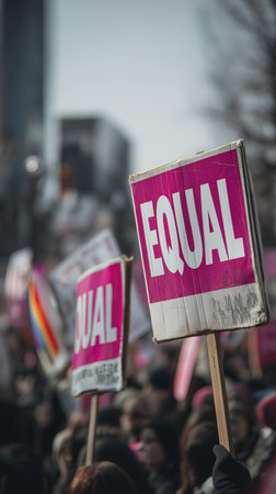 Protest signs with messages for equal rights held high during rally, showing support for equality and social justice in vibrant demonstrationの素材