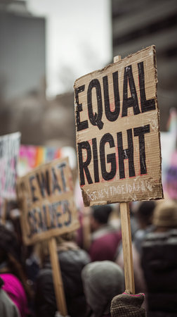 Protest sign with message for equal rights held by person during demonstration, emphasizing social justice and equalityの素材
