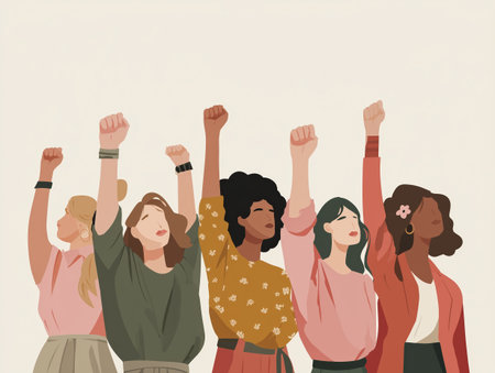 Diverse women raising fists in solidarity and empowerment, symbolizing unity and strength in flat illustration styleの素材