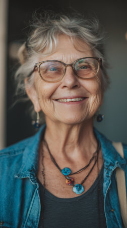 Close up of elderly woman smiling warmly, wearing glasses, layered necklaces, and denim jacket, exuding happiness and confidenceの素材