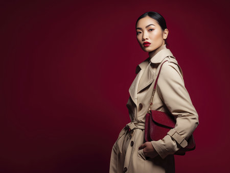Stylish woman wearing beige trench coat holding red handbag against dark red background. She has sleek black hair and bold red lipstickの素材