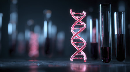 Digital illustration of glowing DNA helix laboratory setting with test tubes filled with dark liquid, emphasizing scientific research and geneticsの素材