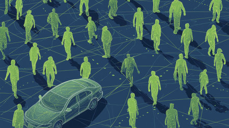 Digital illustration of network of people connected by lines with car in foreground, symbolizing connectivity and technology in transportationの素材