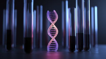 Illuminated DNA double helix model with test tubes laboratory setting, glowing vibrant purple and pink hues, symbolizing genetic researchの素材