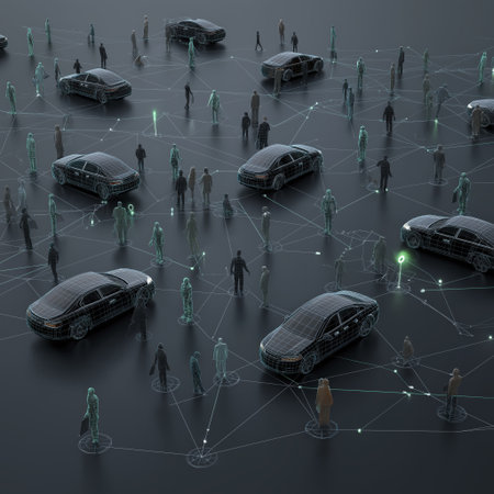 Digital illustration of autonomous cars and people connected by network of lines and glowing points, representing smart transportationの素材