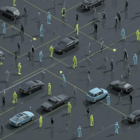 Digital illustration of parking lot with people and cars connected by network of yellow lines, highlighting smart city concept and digitalの素材